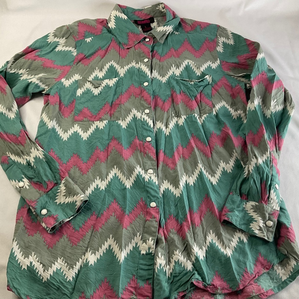 ROCK & ROLL DENIM CO. WOMENS AZTEC COWGIRL WESTERN ROCKABILLY SNAP FRONT LRG EUC